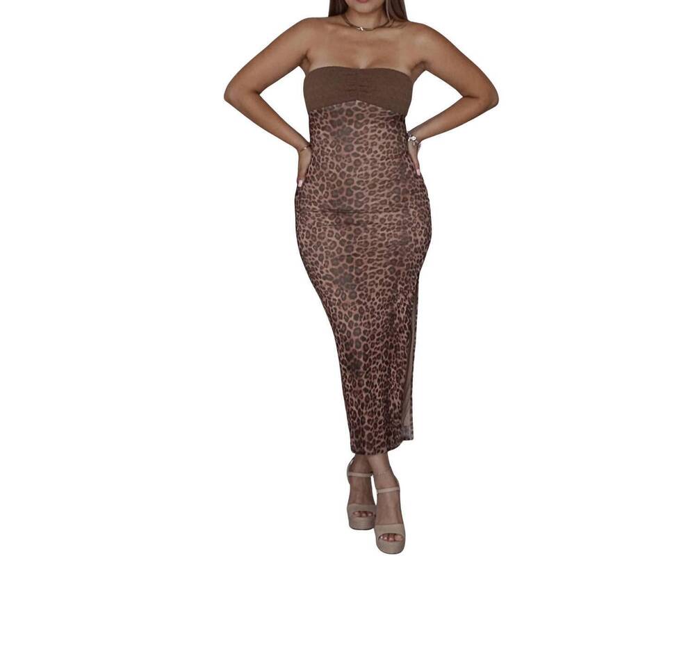 NEW BLUE BLUSH animal print mesh mix midi tube dress in brown